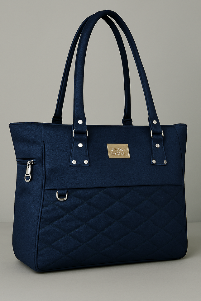 Elegant Navy Blue Quilted Tote Bag with Gold Zip Accents