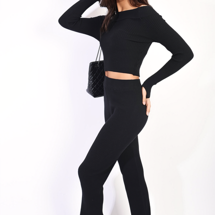 Knitted Long Sleeves Cropped Off Shoulder Top and Trousers Co-ord Set