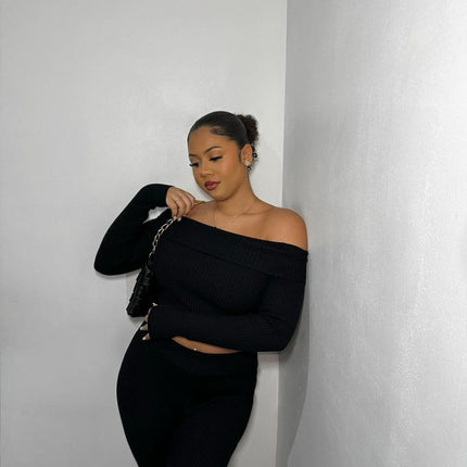 Knitted Long Sleeves Cropped Off Shoulder Top and Trousers Co-ord Set