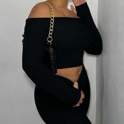 Knitted Long Sleeves Cropped Off Shoulder Top and Trousers Co-ord Set