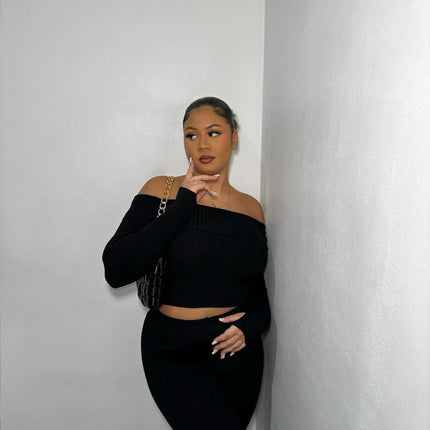 Knitted Long Sleeves Cropped Off Shoulder Top and Trousers Co-ord Set