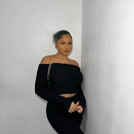 Knitted Long Sleeves Cropped Off Shoulder Top and Trousers Co-ord Set