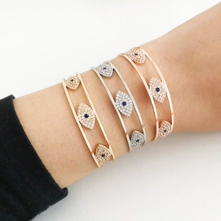Evil Eye Bracelet, Bangle Bracelet, Rose Gold Silver Bracelet, Cuff