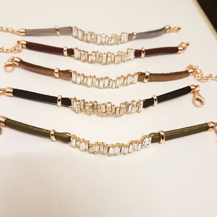 CZ Baguette Bracelet, Leather Chain Bracelet