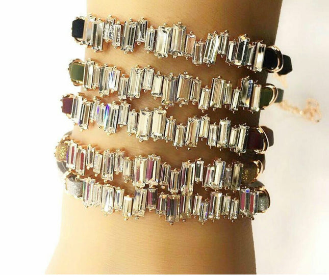 CZ Baguette Bracelet, Leather Chain Bracelet