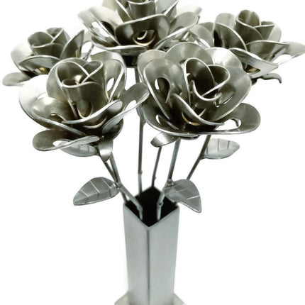 Half Dozen Metal Roses and Vase, Six Recycled Metal Roses and Vase,