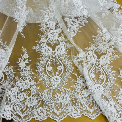 Beaded & Corded Bridal Lace Fabric Embroidered on 100% Polyester Net Mesh | Lace USA - GD-55619-0