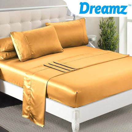 DreamZ Ultra Soft Silky Satin Bed Sheet Set in Queen Size in Gold