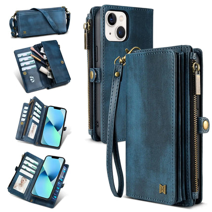 for iPhone 13 Wallet Case(Holds Lipstick, Headphones, etc.),2-in-1 Multi-Functional Portable Magnetic Faux Leather Phone Case with RFID Blocking,Shoulder Strap and Wrist Strap(Blue)
