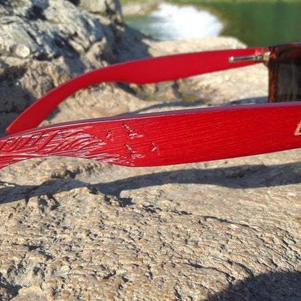Red Bamboo Tortoise Framed Sunglasses With Wood Case, Artisan Engraved